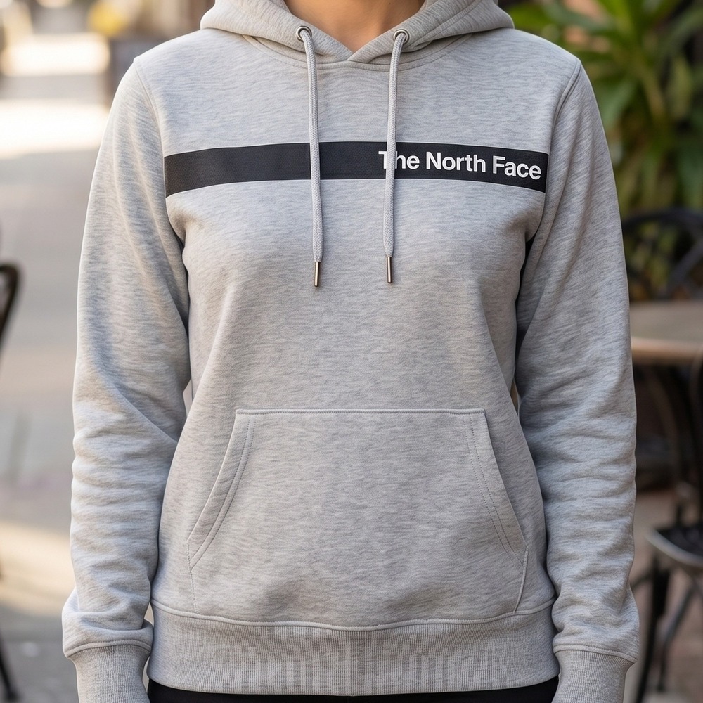 The North‎ Face Womens Grey Black Stripe Logo Pullover Hoodie Sweatshirt Medium